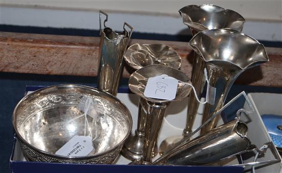 A silver rose bowl, engraved with bands of scrolling acanthus, Liberty & Co, Birmingham 1917 and three pairs of silver specimen vases,